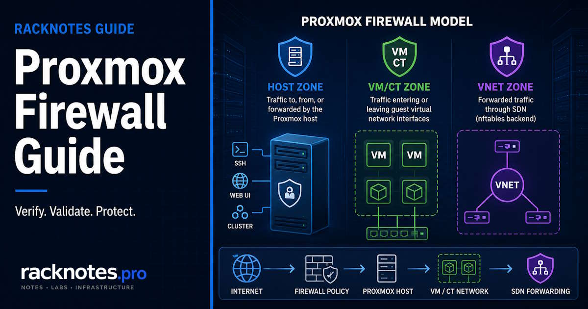 Proxmox firewall zone diagram showing separate packet paths for Host, VM/CT, and VNet traffic