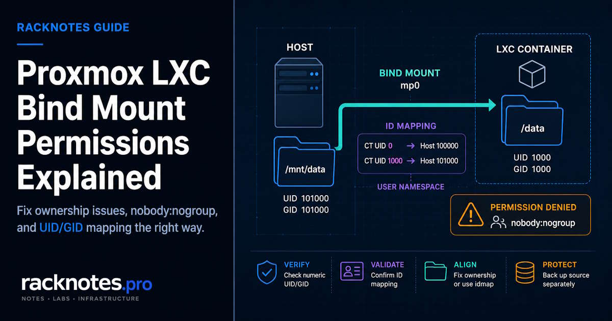 Proxmox LXC bind mount UID translation diagram comparing default namespace offset with per-mount idmap