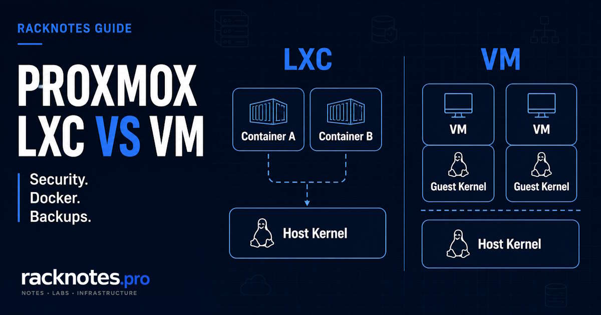 Proxmox LXC vs VM architecture diagram showing shared host kernel for containers versus independent guest kernels for VMs
