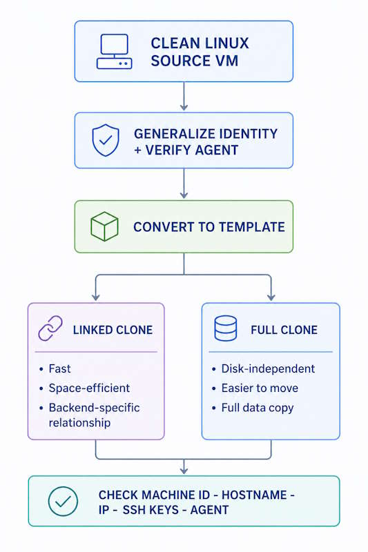 Proxmox VM template workflow comparing backend-specific linked clones with disk-independent full clones