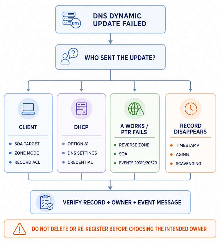 Windows DNS dynamic update troubleshooting flow for client registration, DHCP credentials, PTR zones, record ownership, and scavenging