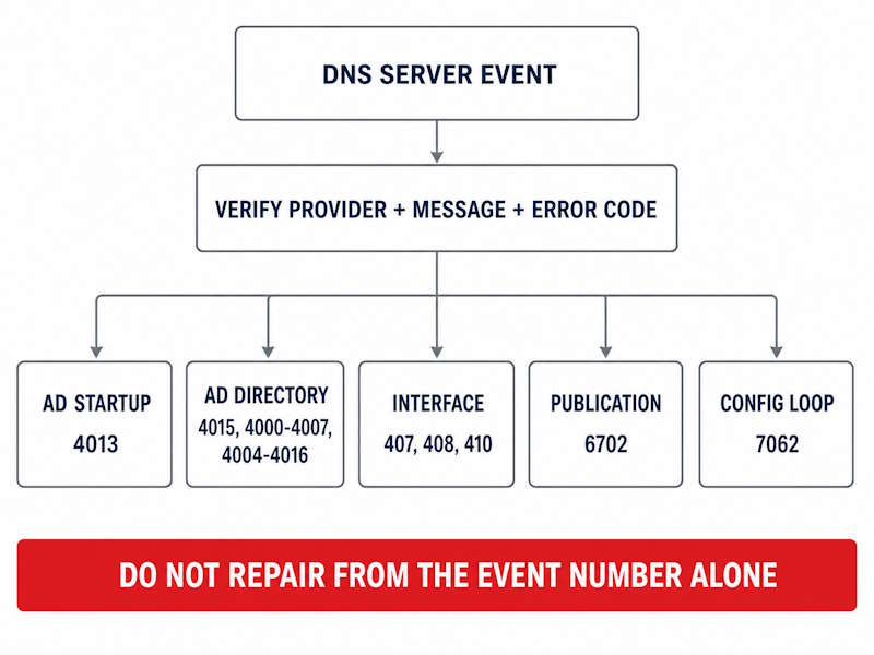 Windows Server DNS Event ID troubleshooting flow for Active Directory, interface binding, publication, and configuration errors