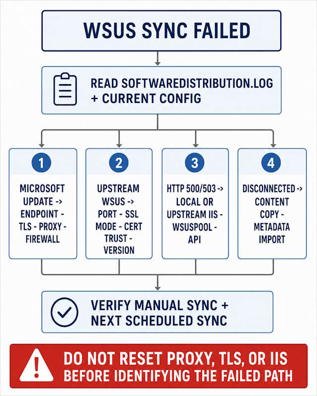 WSUS sync failed decision flow for endpoint, TLS, proxy, firewall, upstream server, and disconnected import errors
