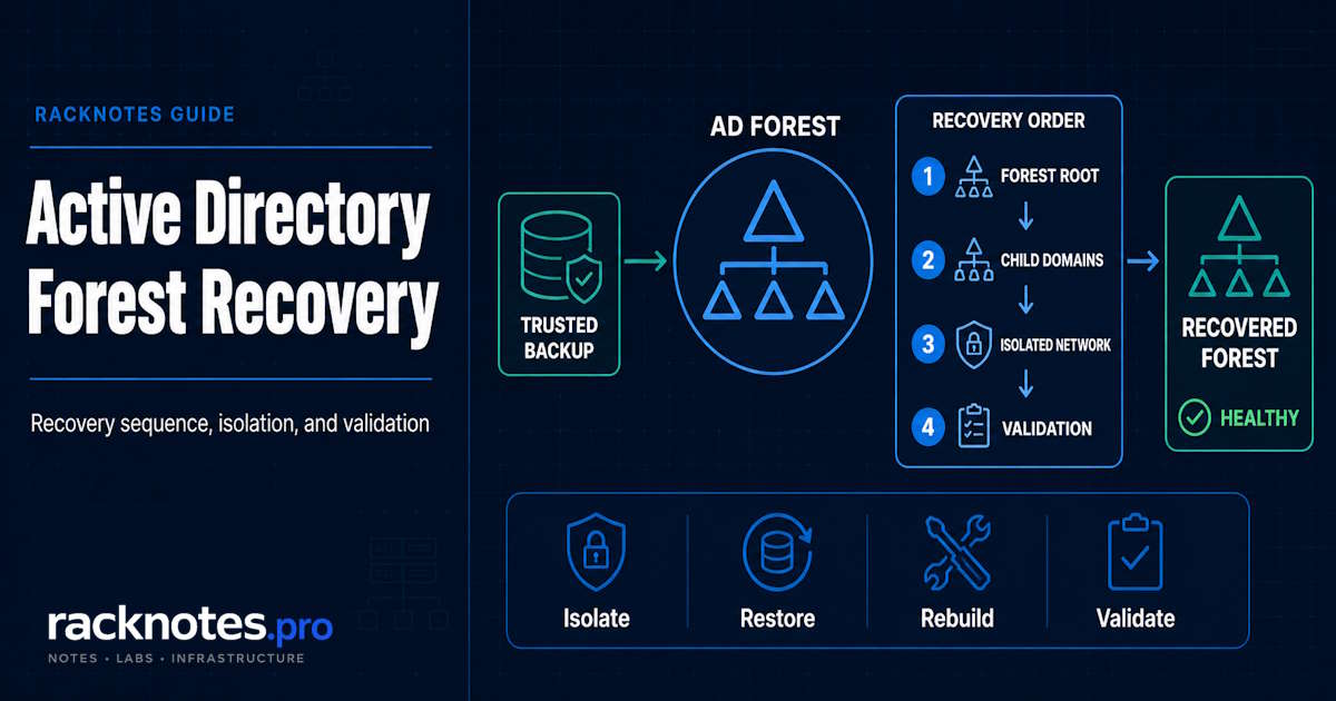 Active Directory forest recovery sequence: forest-root domain first, one writable DC per domain, parent-before-child order