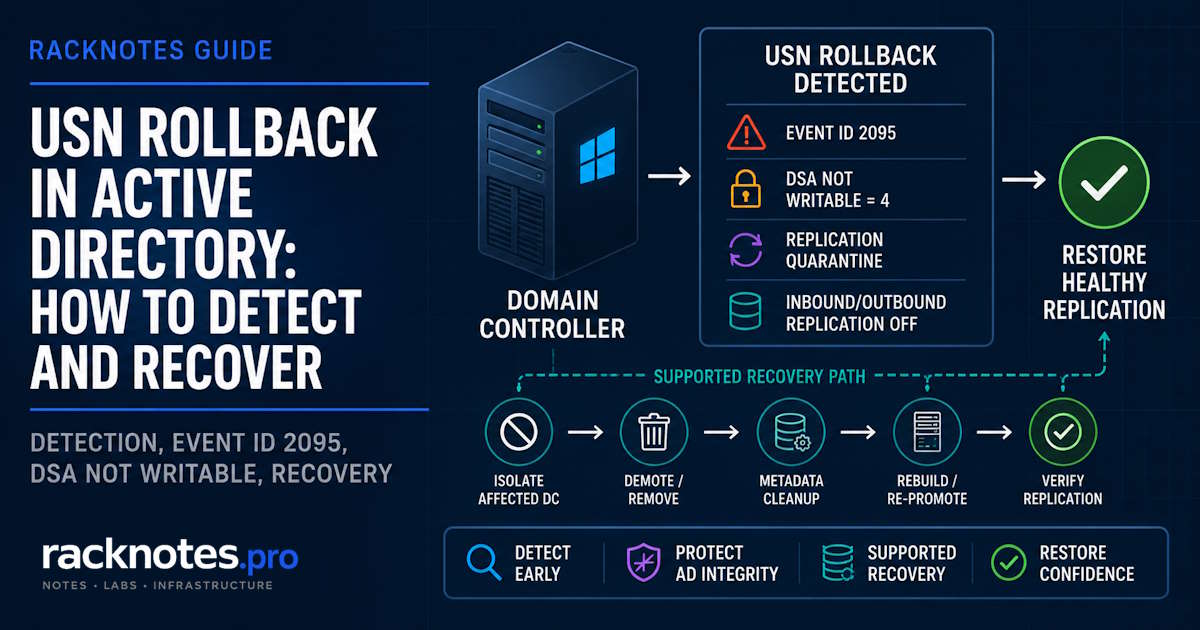 USN rollback in Active Directory: LSDOU replication failure and DSA quarantine diagram