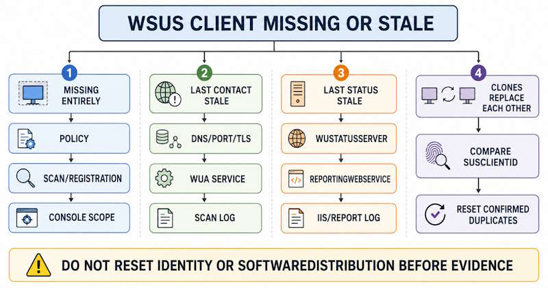 WSUS client not reporting decision flow for missing clients, stale contact, stale status, and duplicate SusClientId