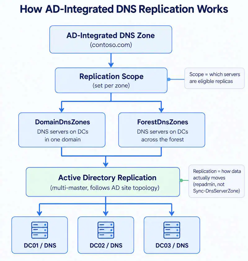 Active Directory DNS replication diagram showing DomainDnsZones and ForestDnsZones replication scope between domain controllers