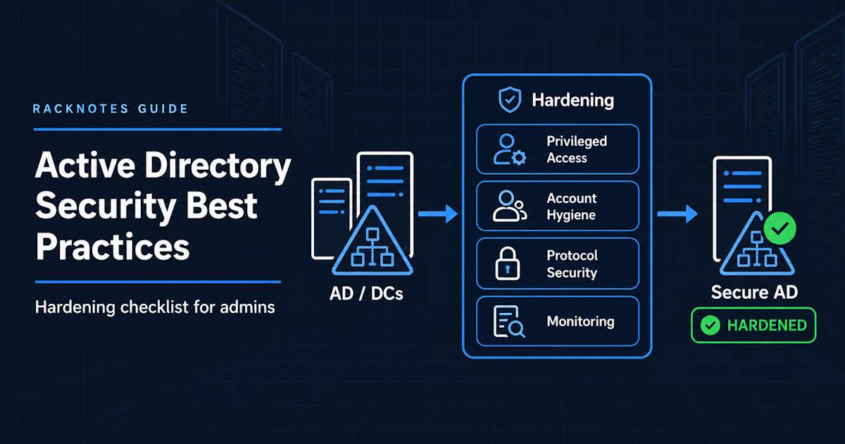 Active Directory security best practices showing privileged access, domain controller hardening, monitoring, and recovery