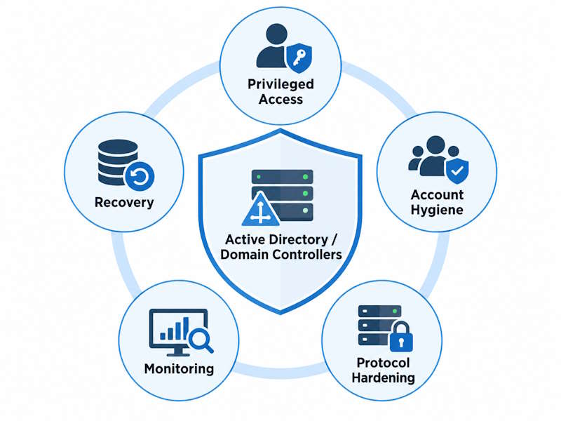 Active Directory security best practices showing privileged access, domain controller hardening, monitoring, and recovery