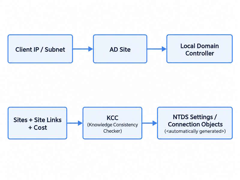 Active Directory Sites and Services topology showing subnets, sites, site links, KCC, and automatically generated replication connections