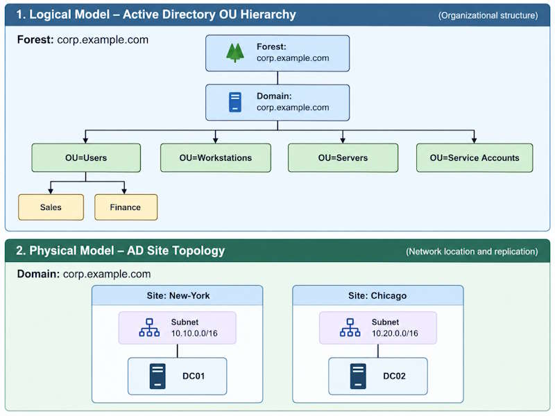 Active Directory structure example showing a sample OU hierarchy and a separate two-site physical topology for the same domain