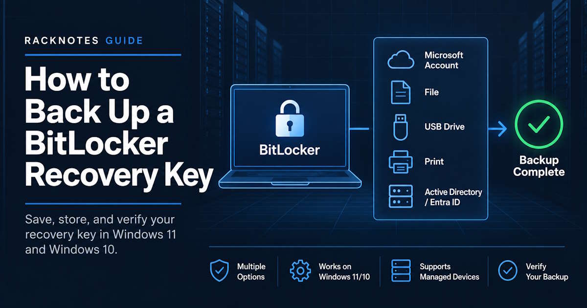 How to back up a BitLocker recovery key using Microsoft account, file, USB drive, printout, Active Directory, or Microsoft Entra ID.