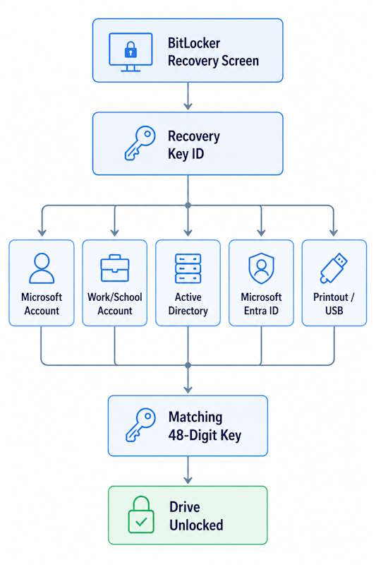 BitLocker recovery key retrieval map showing Recovery Key ID branching to Microsoft account, work or school account, Active Directory, Microsoft Entra ID, and printout or USB