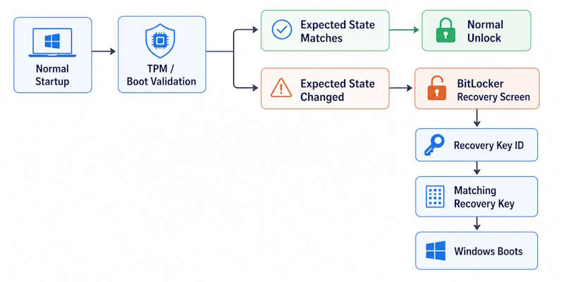 BitLocker recovery screen decision flow showing TPM and boot validation branching into normal unlock or recovery with Recovery Key ID matching