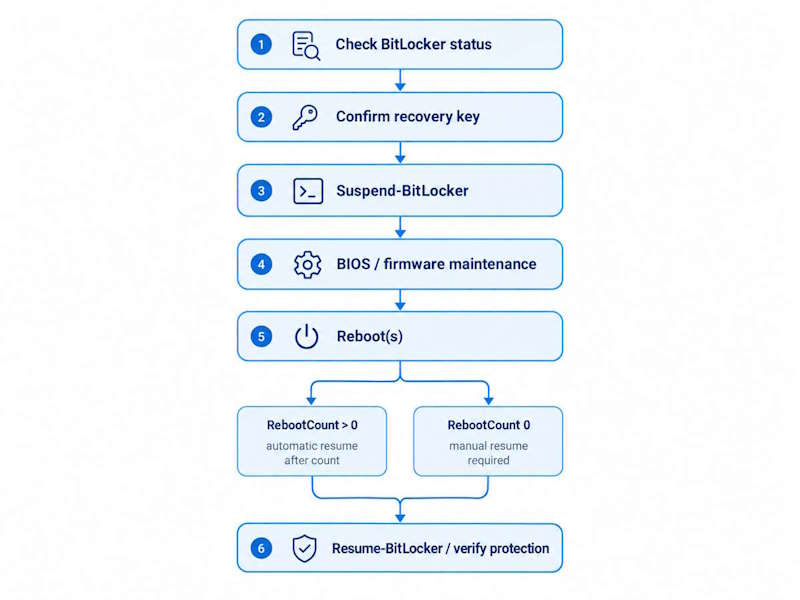 BitLocker suspend and resume workflow for firmware maintenance with RebootCount branching