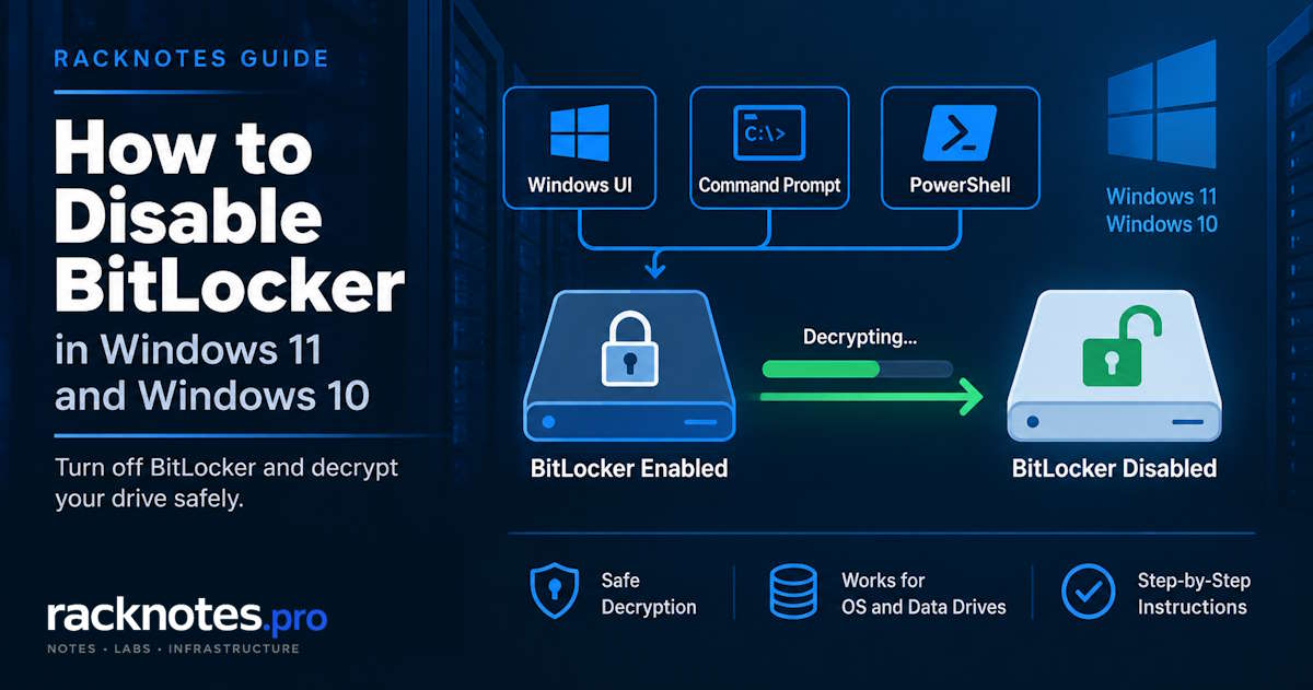Disable vs suspend BitLocker comparison, manage-bde -off decryption flow