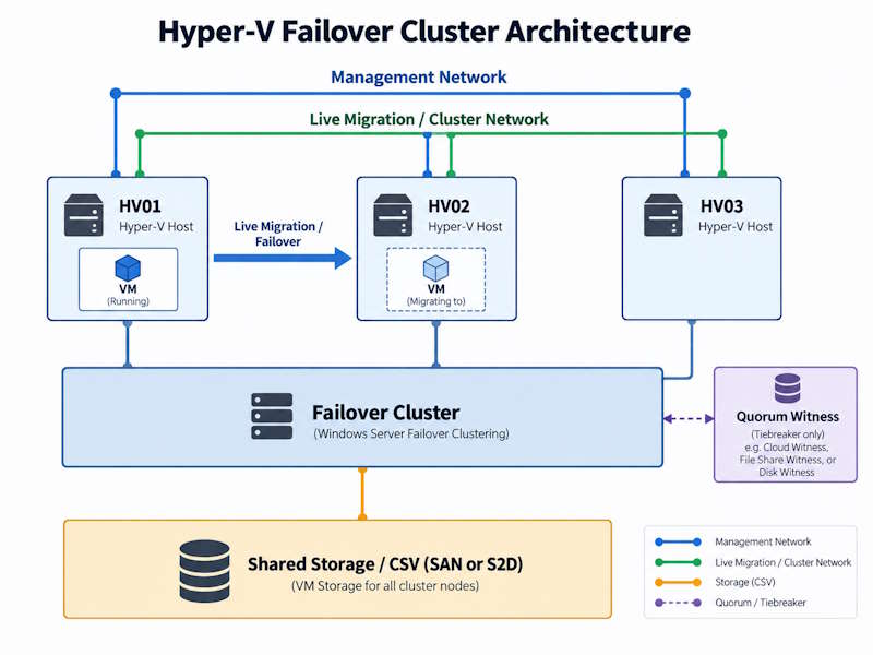Hyper-V failover cluster diagram showing nodes, quorum witness, shared storage, CSV, and live migration