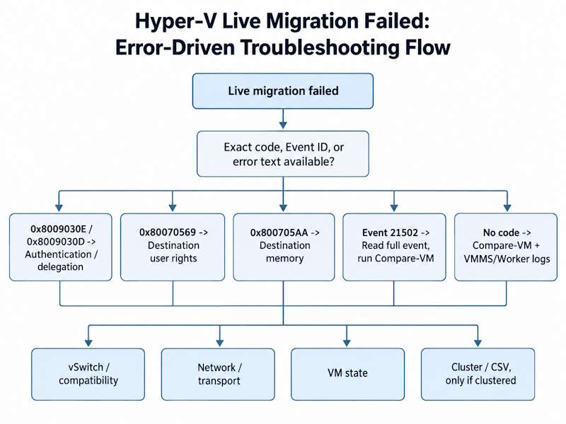 Hyper-V live migration failed troubleshooting flow by error code, Event ID, authentication, compatibility, and network cause