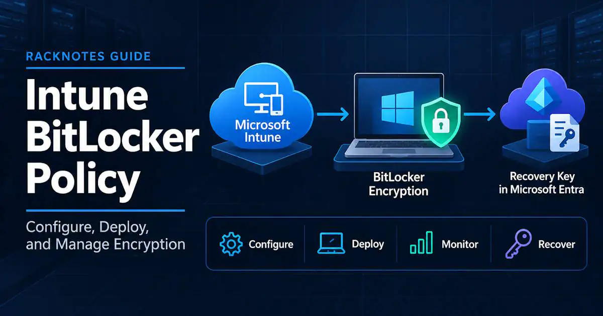 Intune BitLocker policy deployment flow: configure, assign, encrypt, verify, recover
