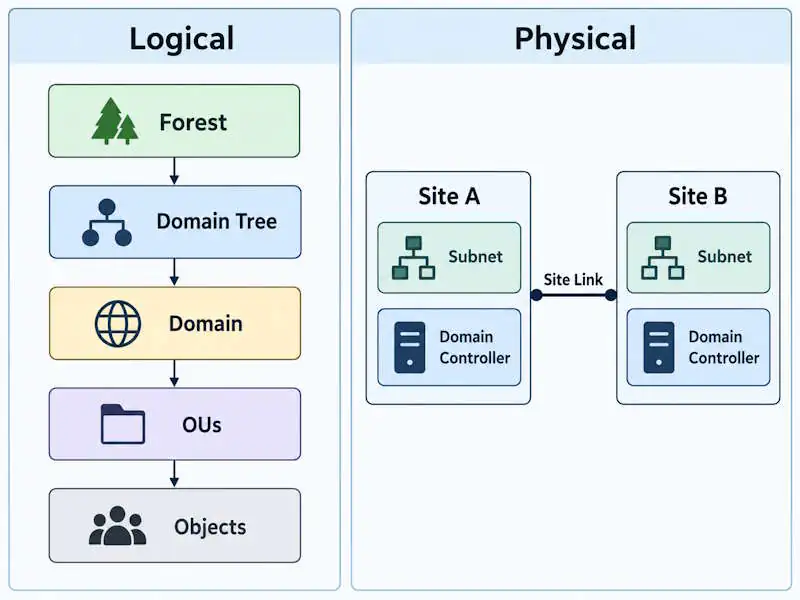 Logical and physical Active Directory structure showing forests, domains, OUs, sites, subnets, and domain controllers